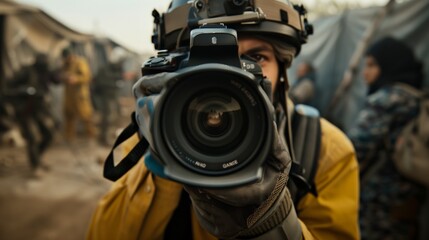 A photojournalist in a war zone aims their camera, capturing the chaos and devastation