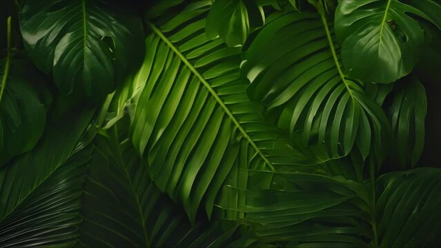 Vibrant neon backlight illuminates dark green tropical Monstera palm leaves composition. Concept Neon Lighting, Tropical Foliage, Monstera Palm, Dark Green, Vibrant Illumination