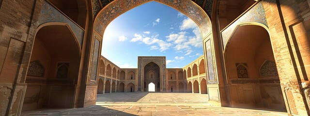 View of the Isfahan Iran mosque from the open ancient wooden doors in Bukhara, Uzbekistan. Sunny day. AI generated illustration