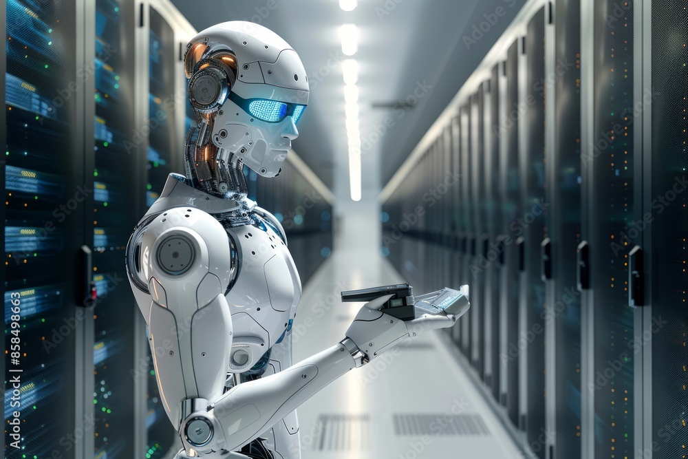Poster robot in a data center holding a server