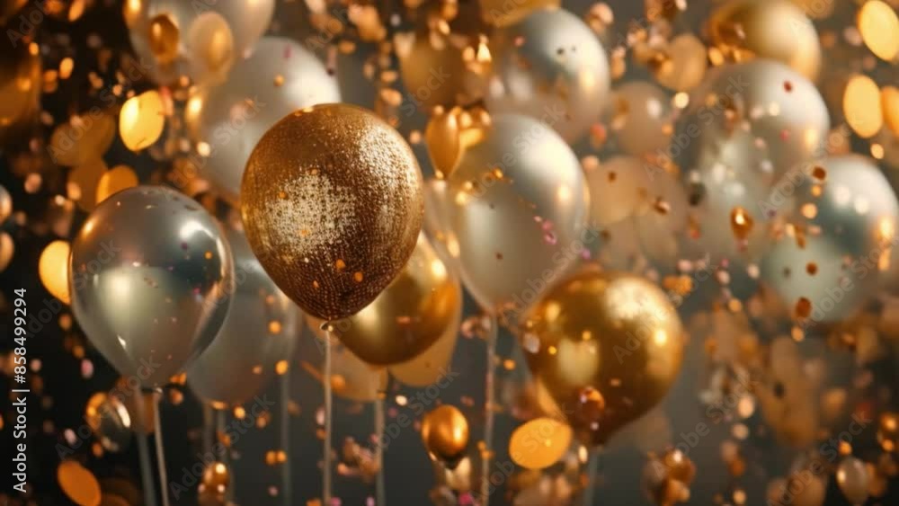 Poster a close-up shot of silver and gold balloons with confetti falling around them, creating a celebrator