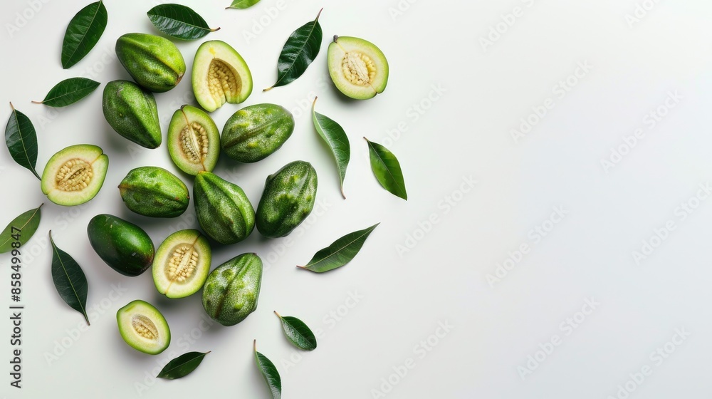 Poster feijoa shaped heart on white background with vitamin and immunity concepts flat lay view with space 