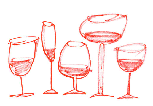 Grunge scribble, hatching alcohol glasses, scrawl red marker isolated on white	
