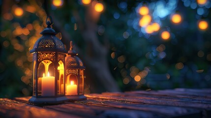 Arabic lantern, burning candles, dates and misbaha on mirror surface against blurred lights. AI generated illustration