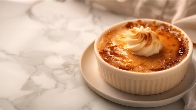 Top view of creme brulee on marble background with copy space Traditional French dessert with burnt cream. Concept French Desserts, Creme Brulee, Top View Photography