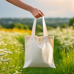 Nachhaltigkeit im Griff: Weiße Baumwolltüte auf grüner Wiese
