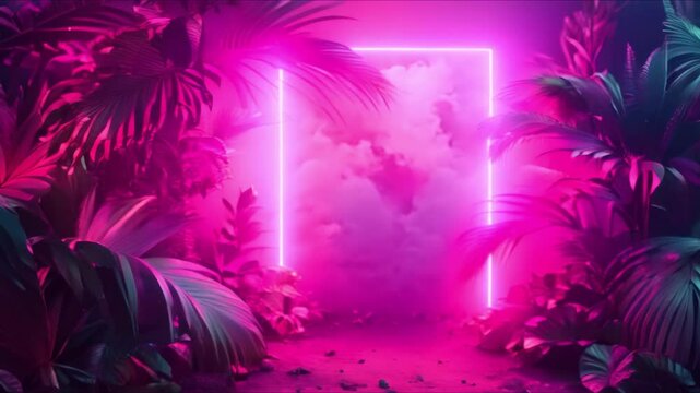 Neon pink and teal 80s retro design with tropical palm leaves. Concept 80s Retro Design, Neon Pink, Teal, Tropical Palm Leaves, Colorful Typography