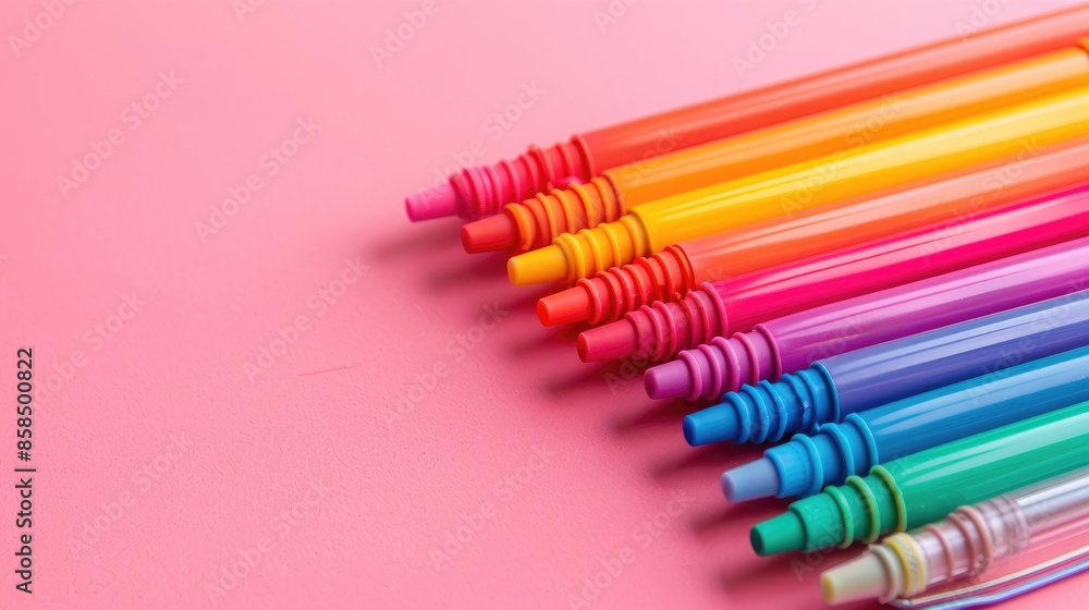 Poster multicolored felt tip pens on pink background for back to school flat lay with empty space