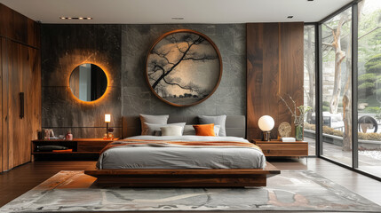 A bedroom with a large bed and a mirror. The bed is made and has a grey comforter. The room has a modern and minimalist design