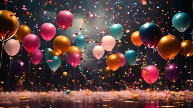 A vibrant scene of celebration with colorful balloons and confetti raining down on a festive stage.
