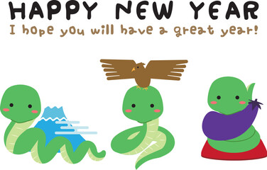 HappyNewYear　1富士2鷹3茄子　背景白　2025年年賀状