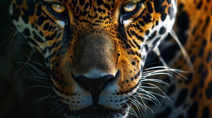 Obraz premium Striking Jaguar's face, a fierce predator in the wild.