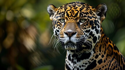Naklejka premium Striking Jaguar's face, a fierce predator in the wild.