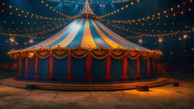 Amusement Show features a Circus tent in the center of an arena. Concept Circus Entertainment, Big Top Tent, Thrilling Acts, Spectacular Performances, Family Fun
