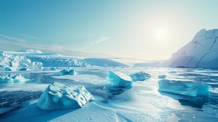 Arctic seascape with sunlit blue ice blocks on icecovered sea, clear blue sky   hd realistic photo