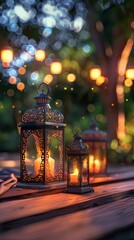Arabic lantern, burning candles, dates and misbaha on mirror surface against blurred lights. AI generated illustration