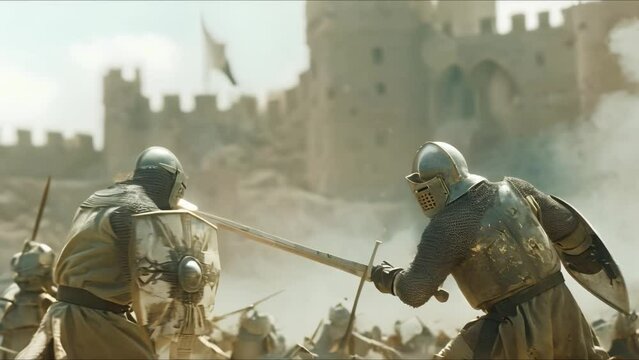 Medieval knights engage in fierce battle with swords at enemys castle. Concept Medieval Battle, Knights, Swords, Castle, Fierce Combat