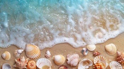 Sandy beach with seashells and ocean water. Perfect summer background.