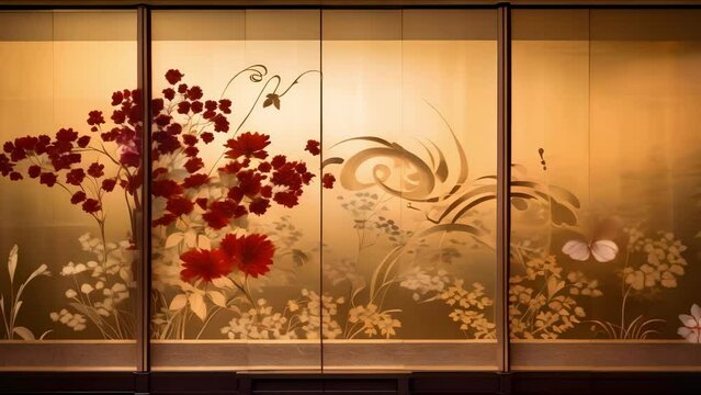 Modern Japanese ukiyoe folding screen with elegant luxurious and dramatic elements. Concept Japanese Art, Ukiyo-e, Folding Screens, Luxurious Elements, Dramatic Aesthetics