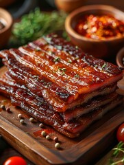 Crispy Glazed Bacon Strips on a Wooden Cutting Board