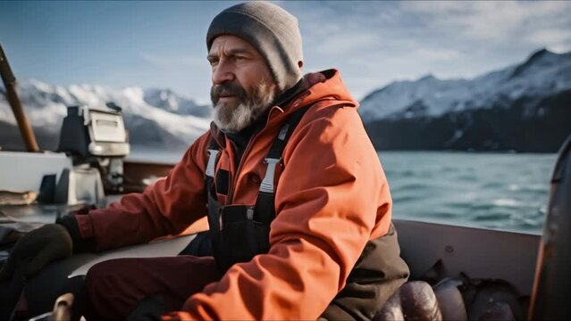 Fishing Industry: Alaskan Fisherman on Boat Catching Fish. Concept Fishing Industry, Alaskan Fisherman, Boat, Catching Fish, Seafood Harvest