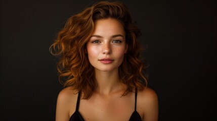 Fototapeta premium A woman with long, curly red hair poses for a studio portrait