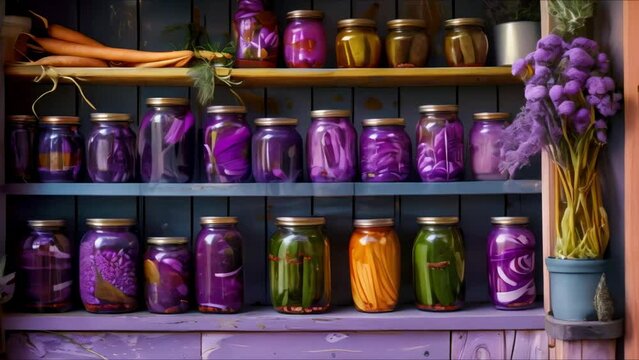 Art of Pickling: Vibrant Jars of Pickled Vegetables Displayed on Colorful Shelves. Concept Pickling, Fermented Foods, Food Preservation, Cooking Techniques, Homemade Condiments