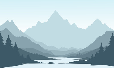 Vector blue mountain landscape with clean sky and calm river and tree silhouettes