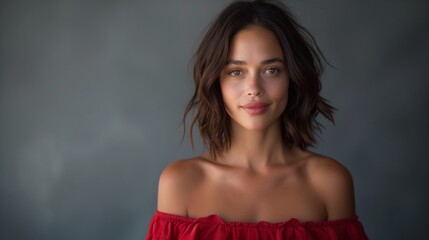 Fototapeta premium Woman with brown hair in studio portrait smiles, wearing red off-the-shoulder top