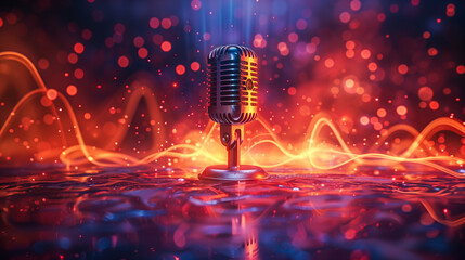Vibrant Retro Microphone with Dynamic Sound Waves and Bokeh Background