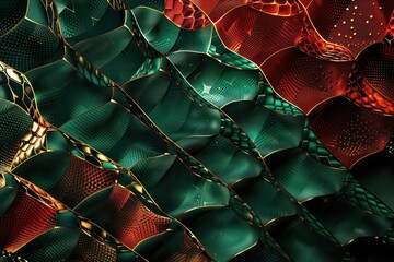 Abstract Background, 3D textured surfaces in rich emerald green and garnet red, highlighted with a...