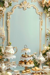 Elegant english tearoom menu template with ornate frames and traditional teaware