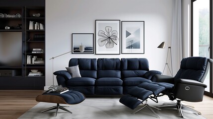 A tranquil living room with a dark blue sofa, a recliner chair, and a minimalist bookshelf, focusing on functionality and aesthetics