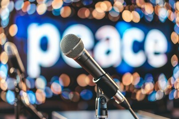 Microphones on stage with "peace" background, symbolizing a peace conference or public speaking for peace.
