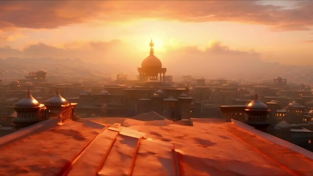 Magic carpet flying over city at sunset enchanting view of urban landscape. Concept Photography, Magic Carpet, Urban Landscape, Sunset, Enchanting View