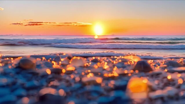 Sunset on glass pebble beach with sea glass and shells. Concept Beach Photography, Sunset Vibes, Sea Glass Collection, Nature's Beauty
