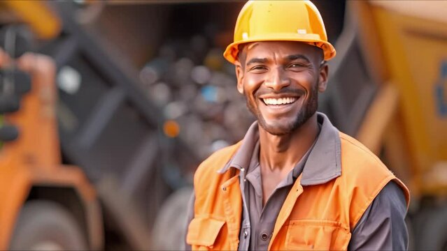 Smiling recycling worker by garbage truck ready to transport waste. Concept Eco-friendly Practices, Waste Management, Recycling Industry, Sustainable Living, Environmental Awareness
