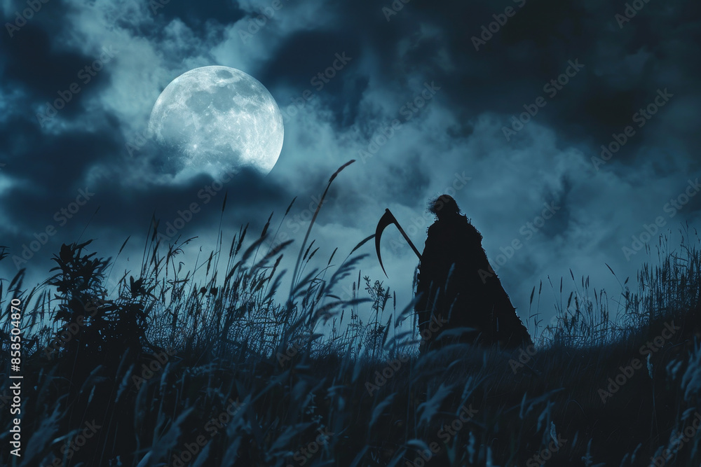 Aufkleber a person is standing in a field with a large moon in the background