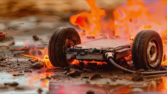 Electric Car Lithium Battery Fire: A Stock Image Illustrating Thermal Runaway from Damage or Overcharging. Concept Thermal Runaway, Electric Car, Lithium Battery, Fire Hazard, Stock Image