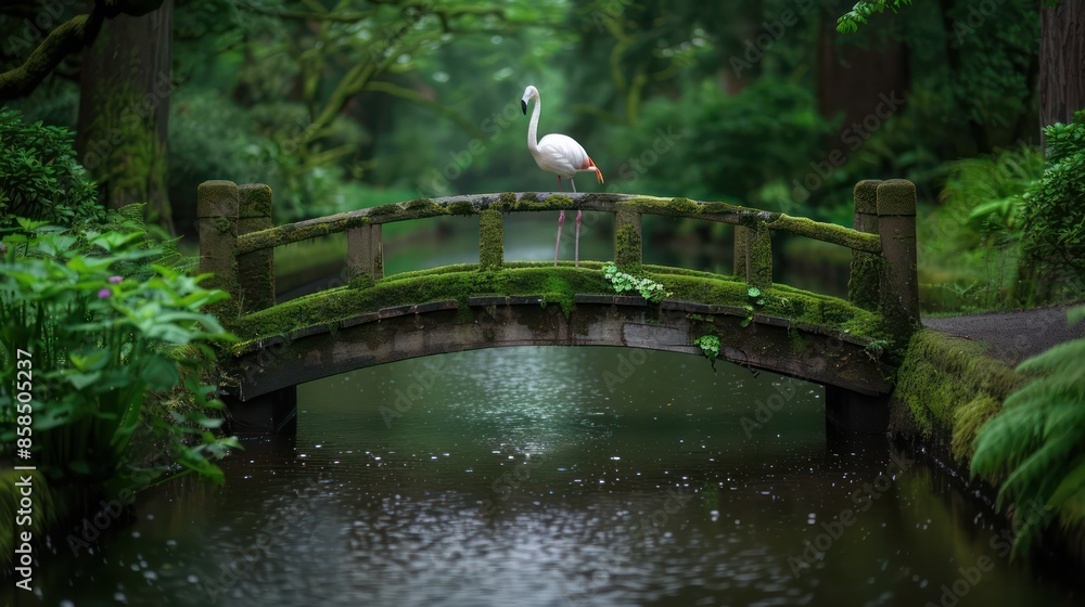 Poster a white flamingo stands on a bridge over a pond. the bridge is surrounded by lush green trees and pl