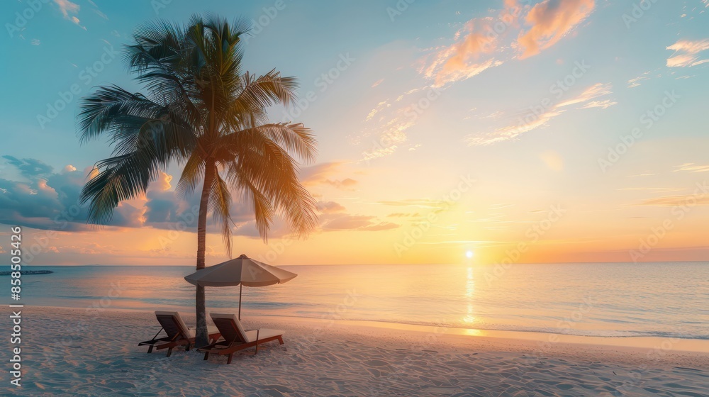 Fototapete a beach scene with a palm tree and two lounge chairs. the sun is setting, creating a warm and relaxi