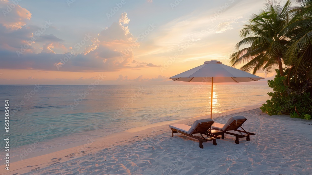 Fototapete A beach scene with a white umbrella and two lounge chairs. The sky is a mix of blue and orange, creating a warm and inviting atmosphere. The ocean is calm and the beach is empty
