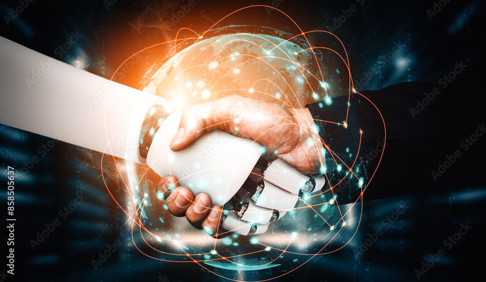 Aufkleber mlp 3d illustration humanoid robot handshake to collaborate future technology development by ai thin