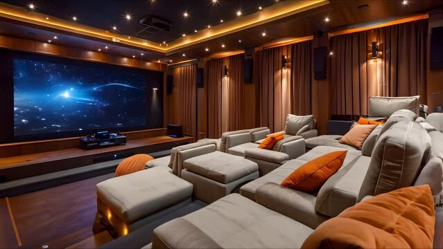 A before and after photo of a home theater with advanced technology. Concept Home Renovation, Smart Technology Integration, Before and After Transformation