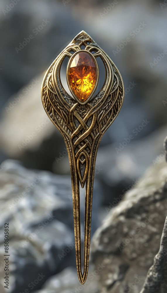 Poster a gold and crystal object with a star on it. the object is surrounded by a blue background