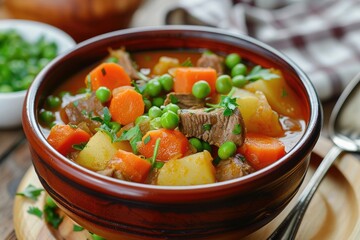 A delicious and hearty bowl of vegetable stew with chunks of carrots, potatoes, and peas