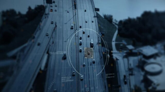 Modern Drone over the Highway. Detecting a Suspicious Vehicle. Special Security Agency tracks Location of a criminal involved in Dangerous Activities. Target found driving an Unregistered Car. UI