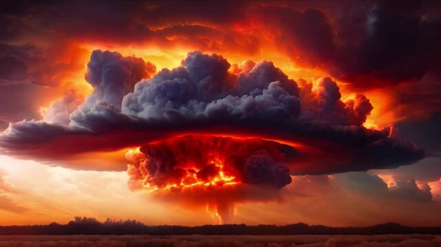 Nuclear explosion with shock wave against stormy sky and nuclear fungus backdrop. Concept Natural Disasters, Apocalypse, Explosions, Nuclear Fallout, Storms