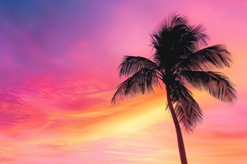A vibrant pink and orange sunset sky with the silhouette of an isolated palm tree, creating a tropical background for travel advertising or vacation Generative AI