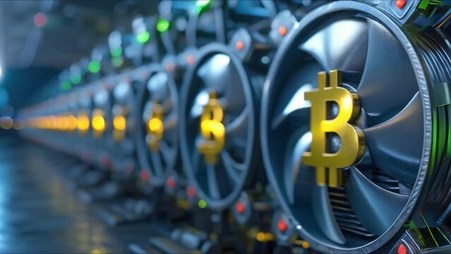 Close-up Image of Bitcoin Mining Equipment in Industrial Cryptocurrency Facility: In-Depth View. Concept Bitcoin Mining Equipment, Cryptocurrency Facility, Industrial Setting, Close-up Image